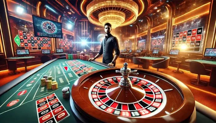 Mobile phone displaying live blackjack table with dealer and chat interface